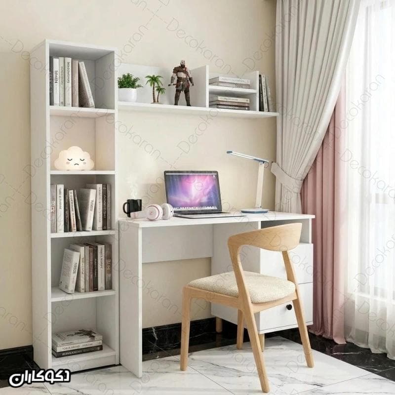 میز تحریر کتابخانه دار پایه چوبی با شلف دیواری مدل MTK156 دکوکاران